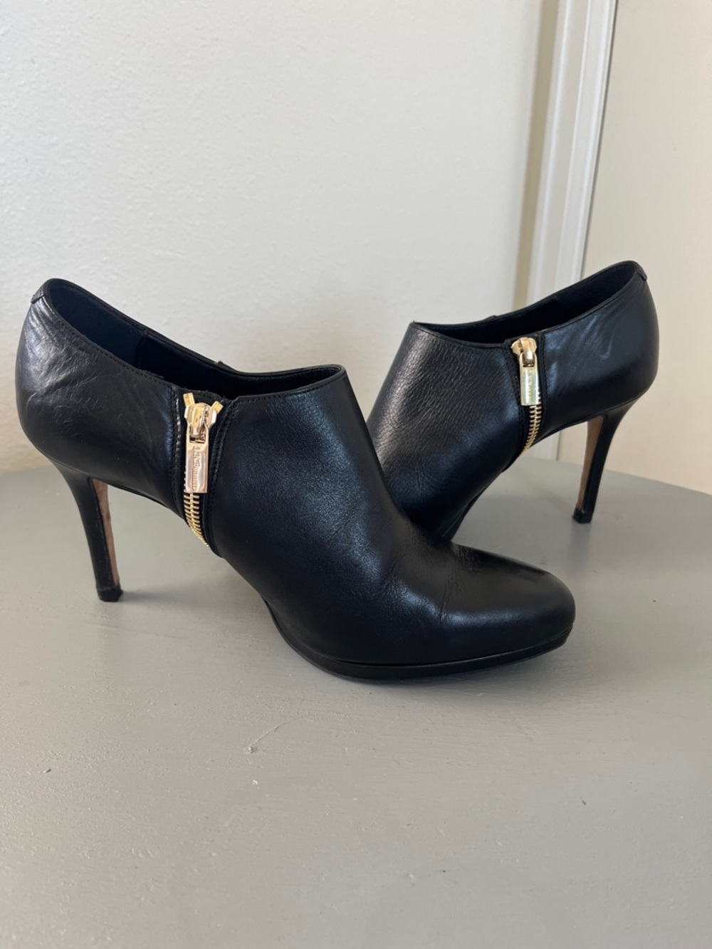 LK Bennett “Doris” Black Leather Zip Ankle Booties with Gold Zipper